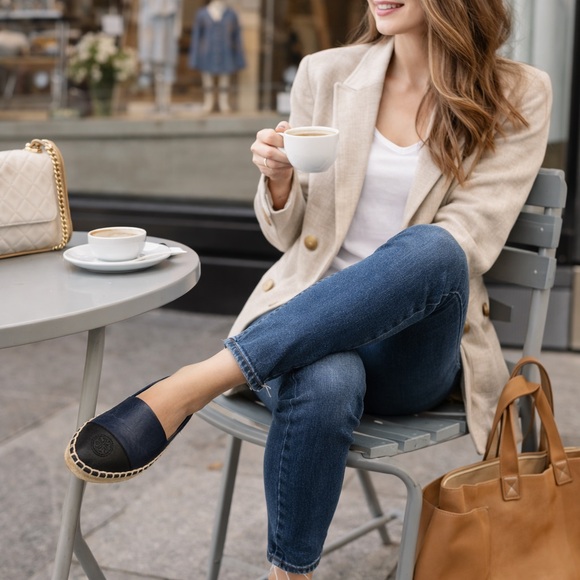 Tory Burch Shoes - Tory Burch Colorblock Espadrille Flats Leather Navy Black Cap Toe Size 8